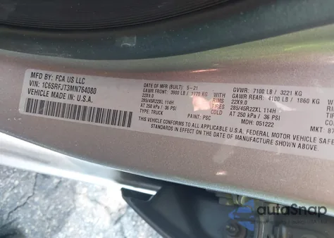 2021 Ram 1500 Laramie 4X4 5'7 Box из США, поврежденный, VIN 1C6SRFJT3MN764080